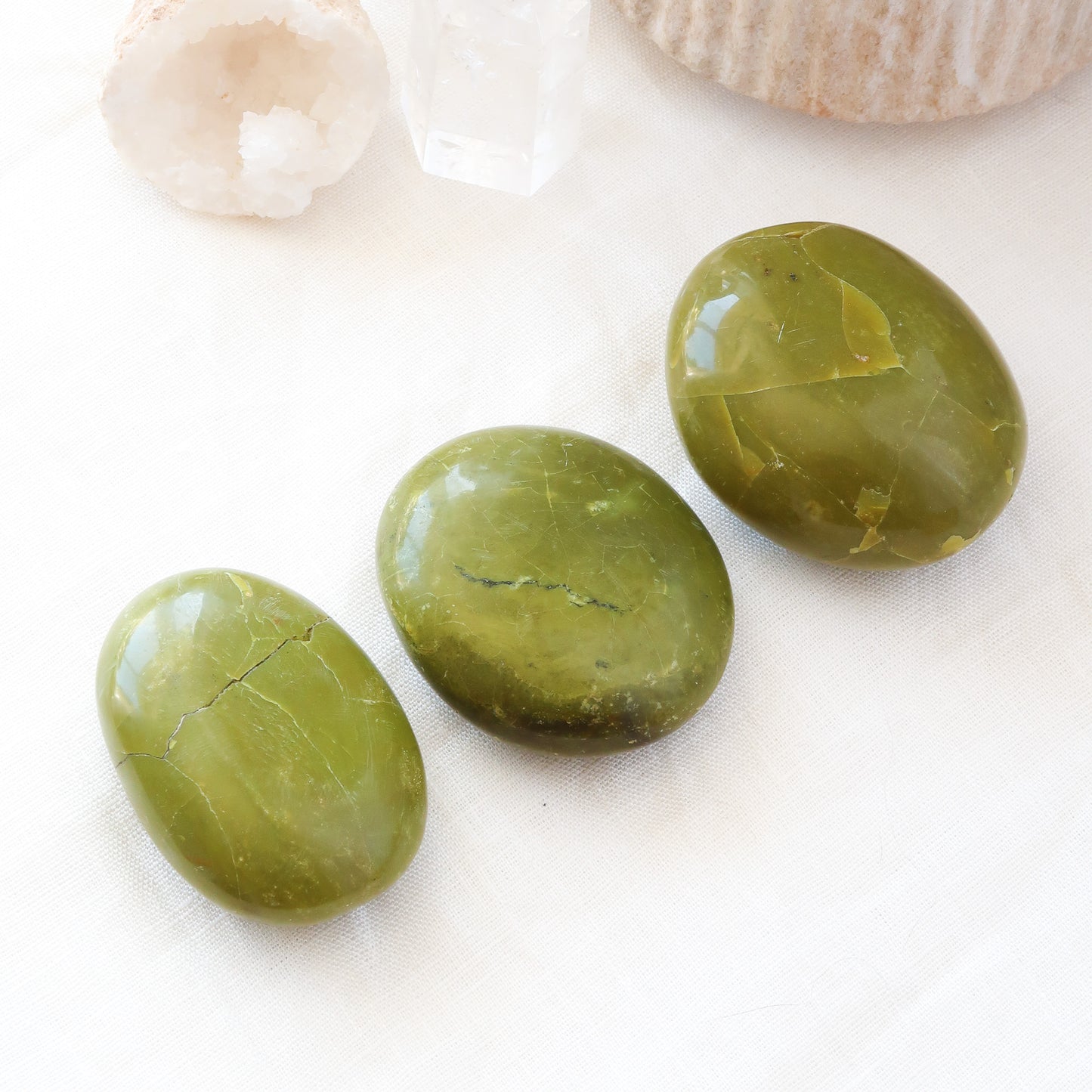 Three Natural Polished Green Opal Crystal Palm Stones