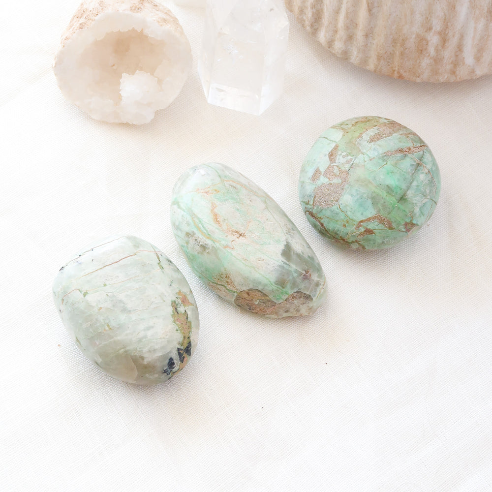 Natural Semi Polished Green Moonstone Crystal Palm Stone