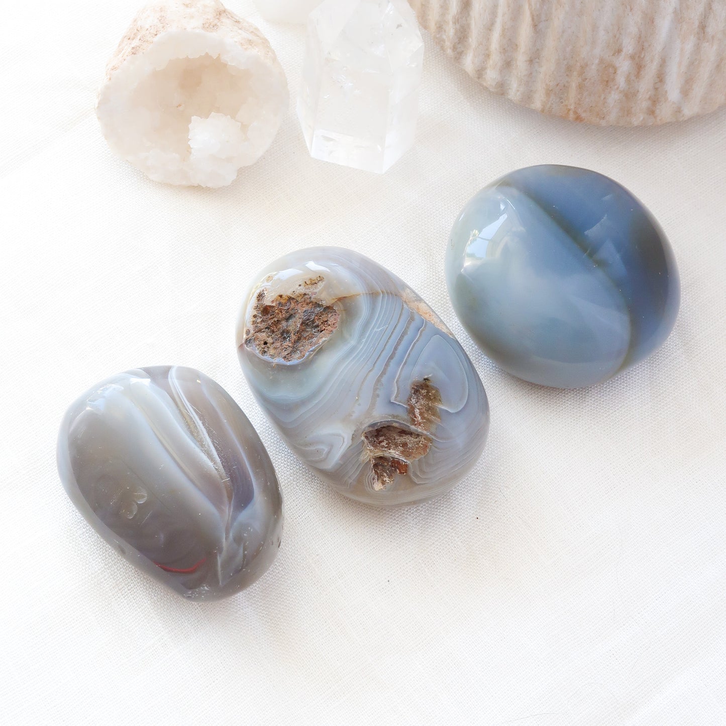 Three Blue and Brown Natural Agate Polished Palm Stones