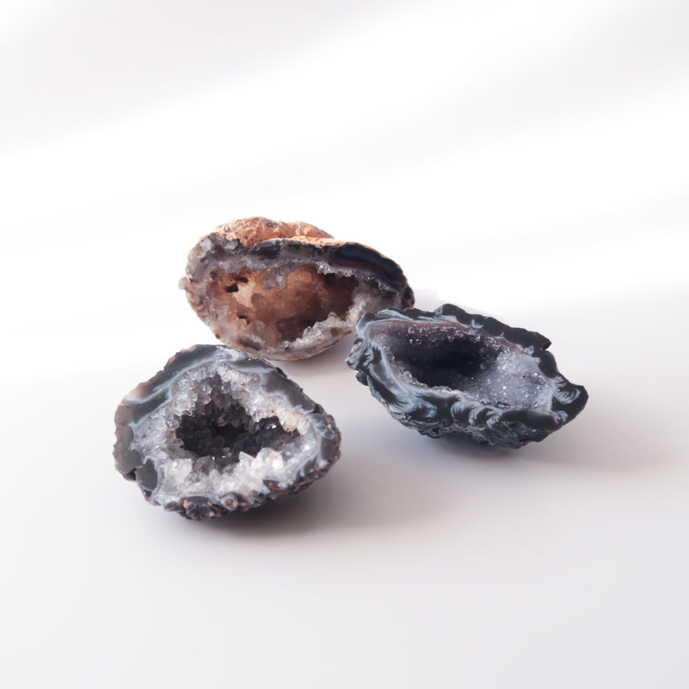 Three Blue and Brown Natural Mini Druzy Agate Geodes 
