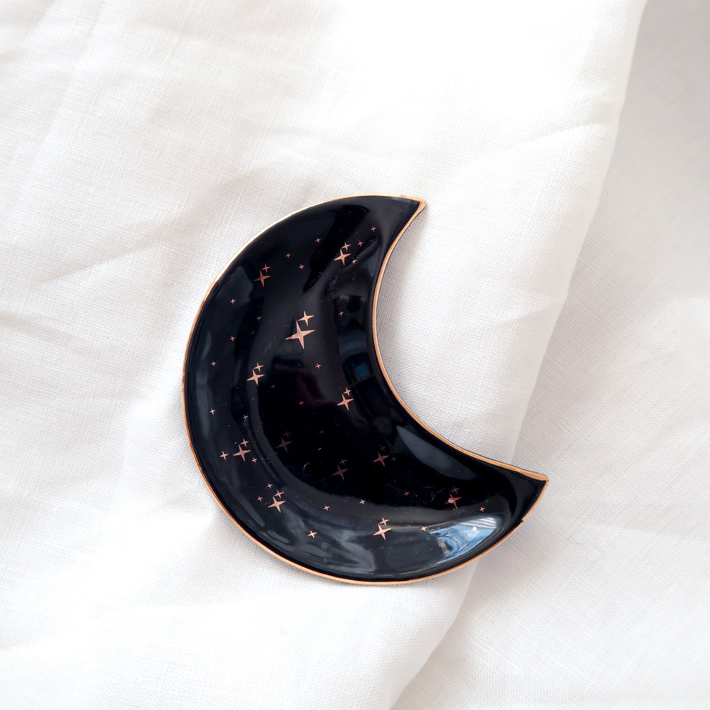 Small Crescent Moon Glossy Black with Rose Gold Stars and Trim Ceramic Trinket Jewellery Dish