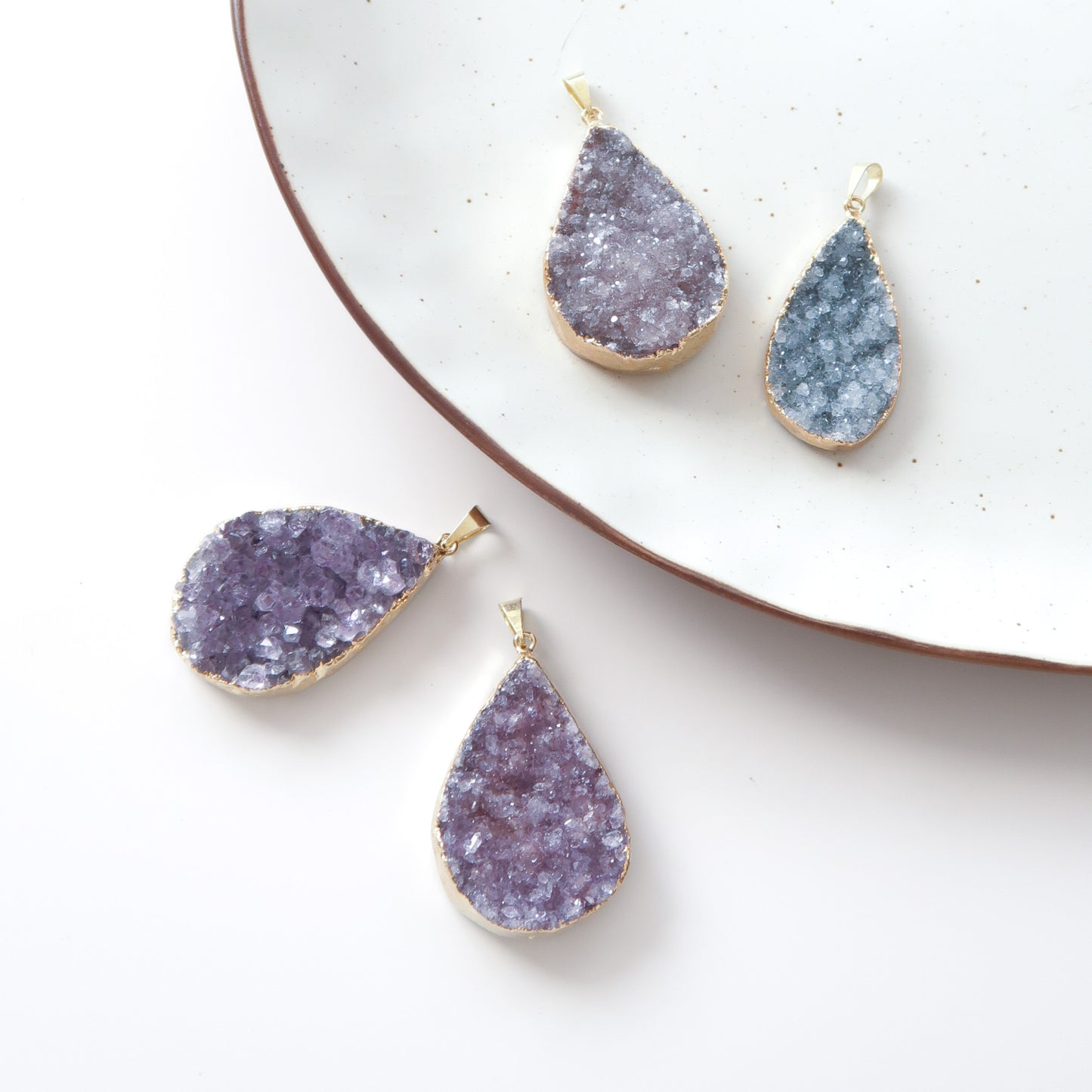 Three Purple and One Blue Druzy Agate Tear Drop Shaped Gold Plated Pendants