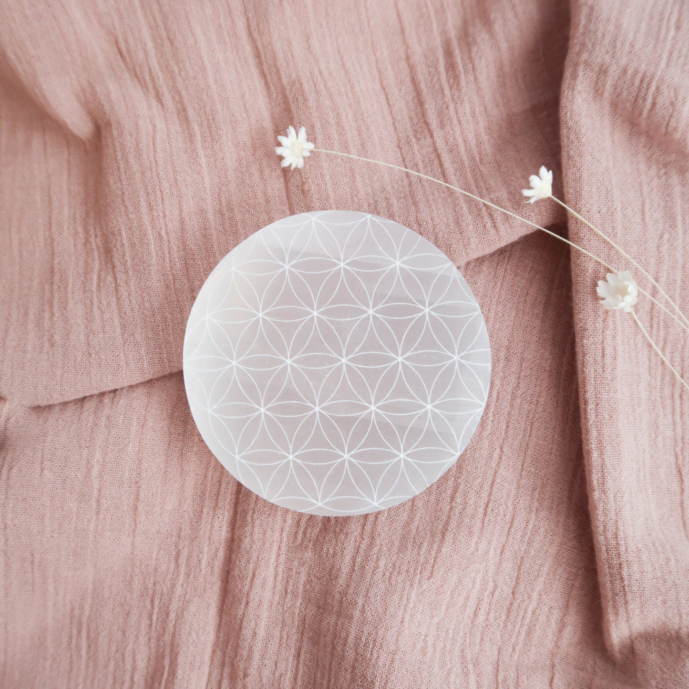 
                  
                    Selenite Etched Flower of Life Charging Plate
                  
                