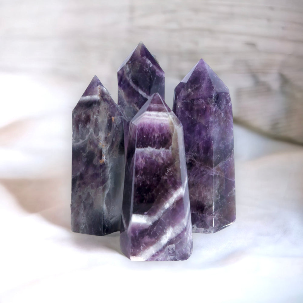 Four Natural Polished Purple and White Chevron Amethyst Crystal Points